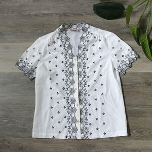 White floral embroidered button down blouse